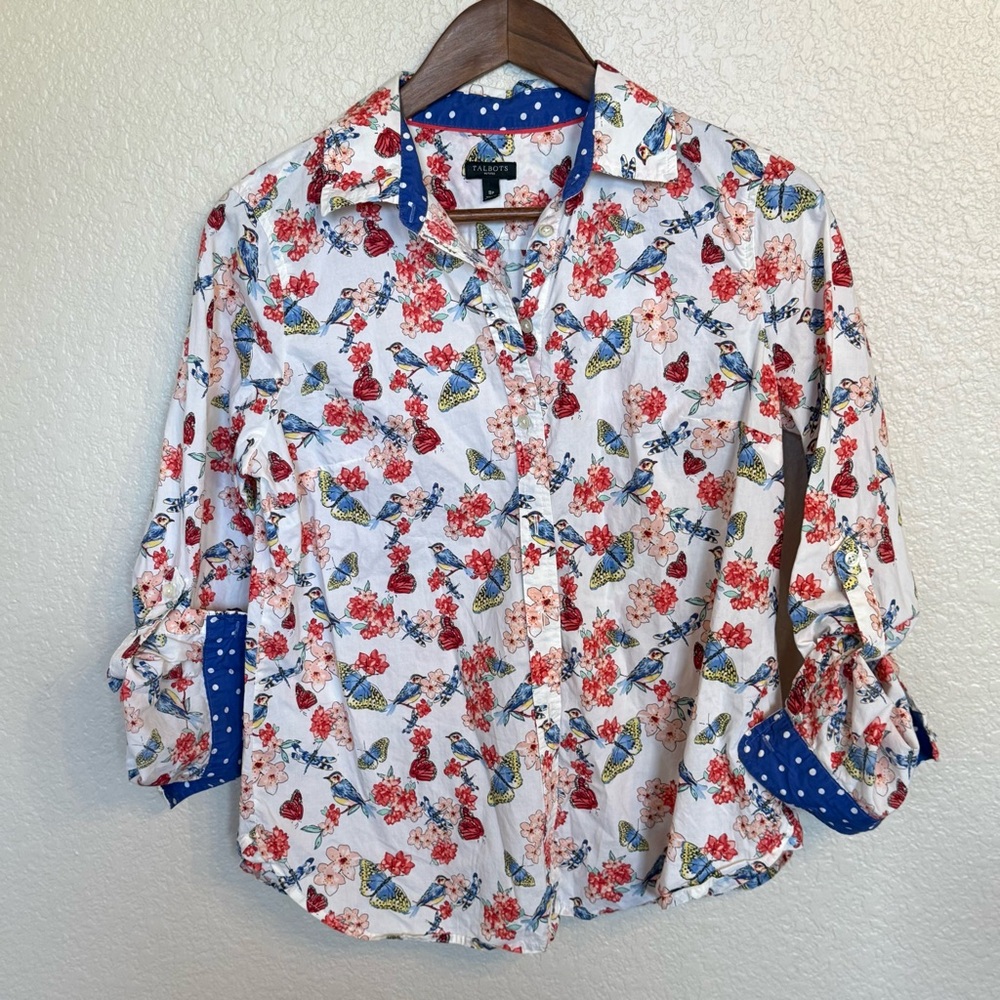 Talbots Hummingbird and Butterfly, Floral Blouse, 8 Petites